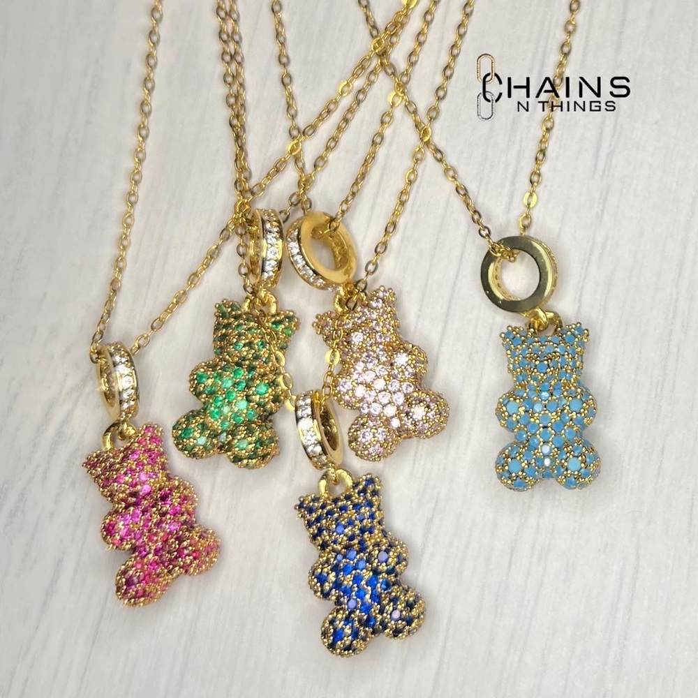 Gummy Bear gold plated Necklace CHOOSE Navy/Pink/Green Stainless steel 5A Zircon